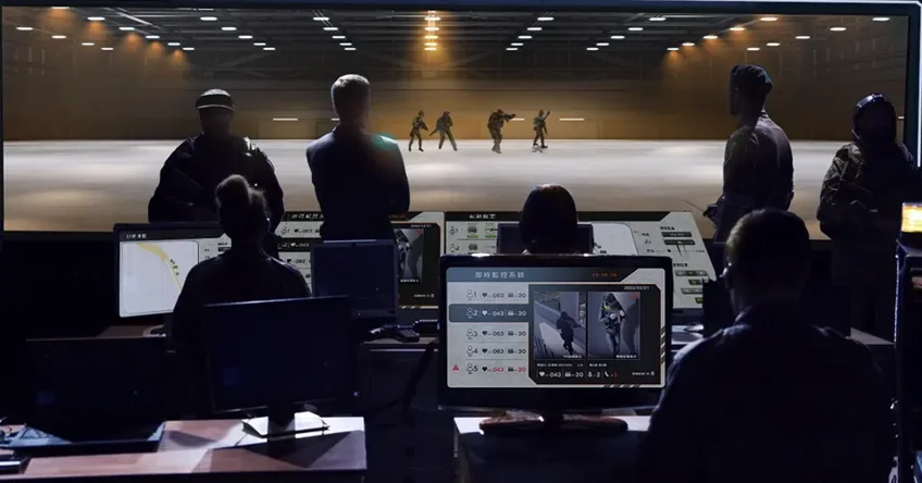 Simulation workstations facing a large projected training environment