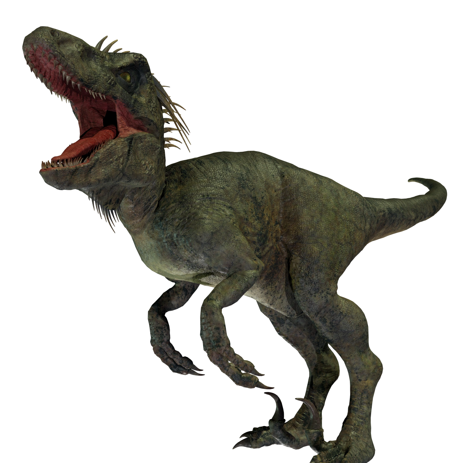 Jurassic: New Era의 입을 벌리고 포효하는 초록색 공룡과 세밀한 비늘