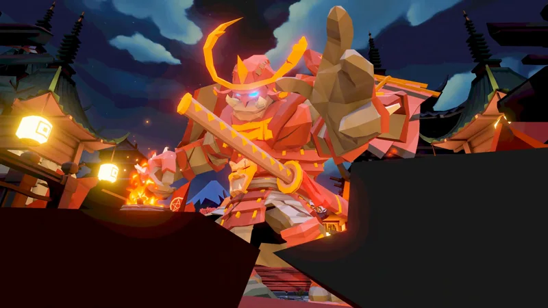 갑옷을 입은 사무라이와 일본풍 건물이 나오는 Super Ninja 트레일러 장면
