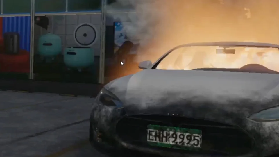 Reference virtual electric-vehicle fire scenario inside a garage.