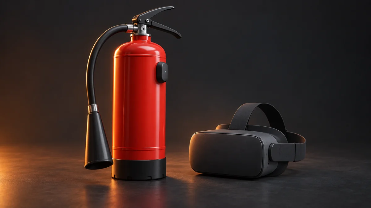 Generated concept illustration of an unbranded red extinguisher-shaped training prop with a tracking sensor alongside a VR headset.