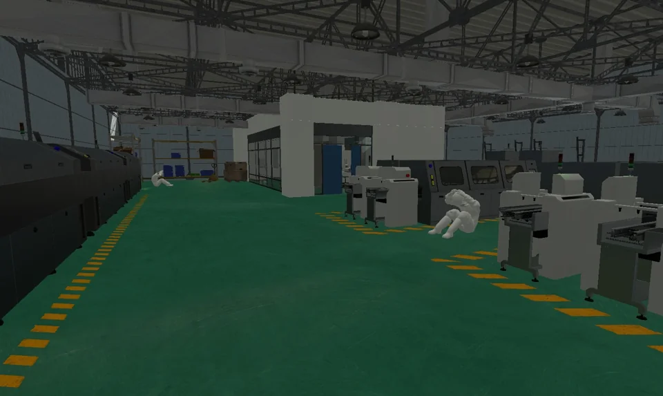 Virtual factory floor with machinery and trainee search targets from the thermal-imager training reference module.