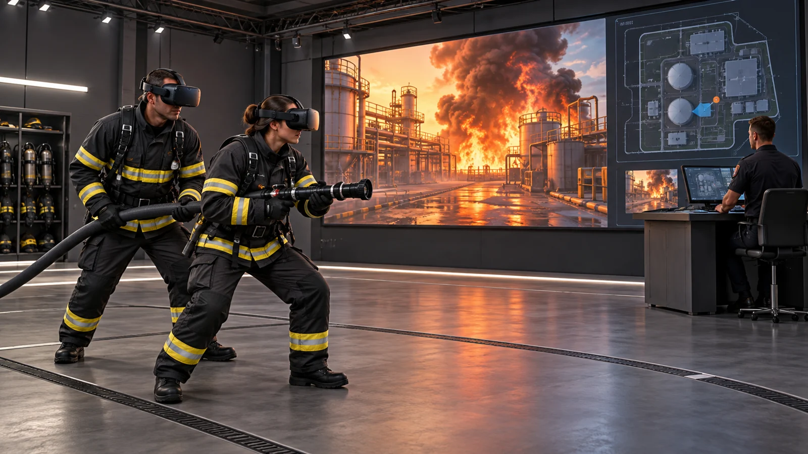 Concept illustration of VR firefighter trainees using a hose-training nozzle while an instructor monitors a virtual incident and site map.