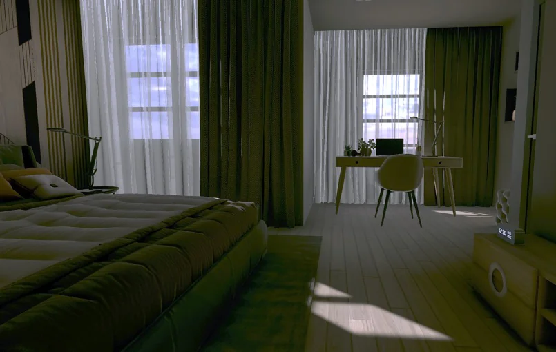 Virtual residential bedroom and study used as a reference environment for door-entry scenarios.