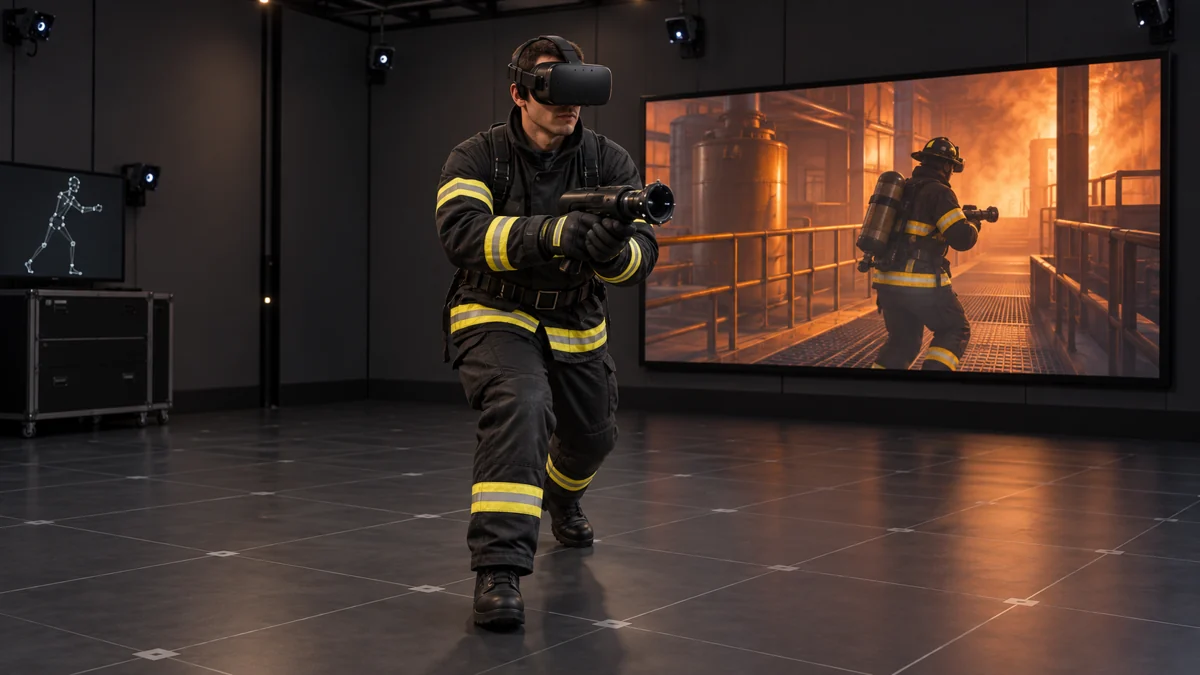 Generated concept of a VR firefighter trainee moving through a tracked studio while a display shows the corresponding virtual environment.