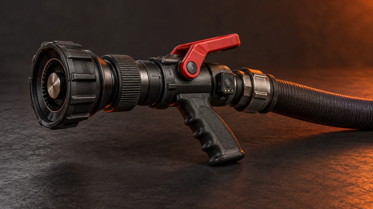 Generated concept of a tracked hose-training nozzle with a red control lever and attached hose.